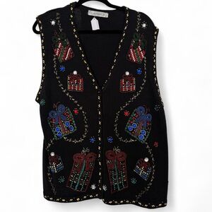 vintage 90s black beaded embroidered grandma christmas sweater vest size medium